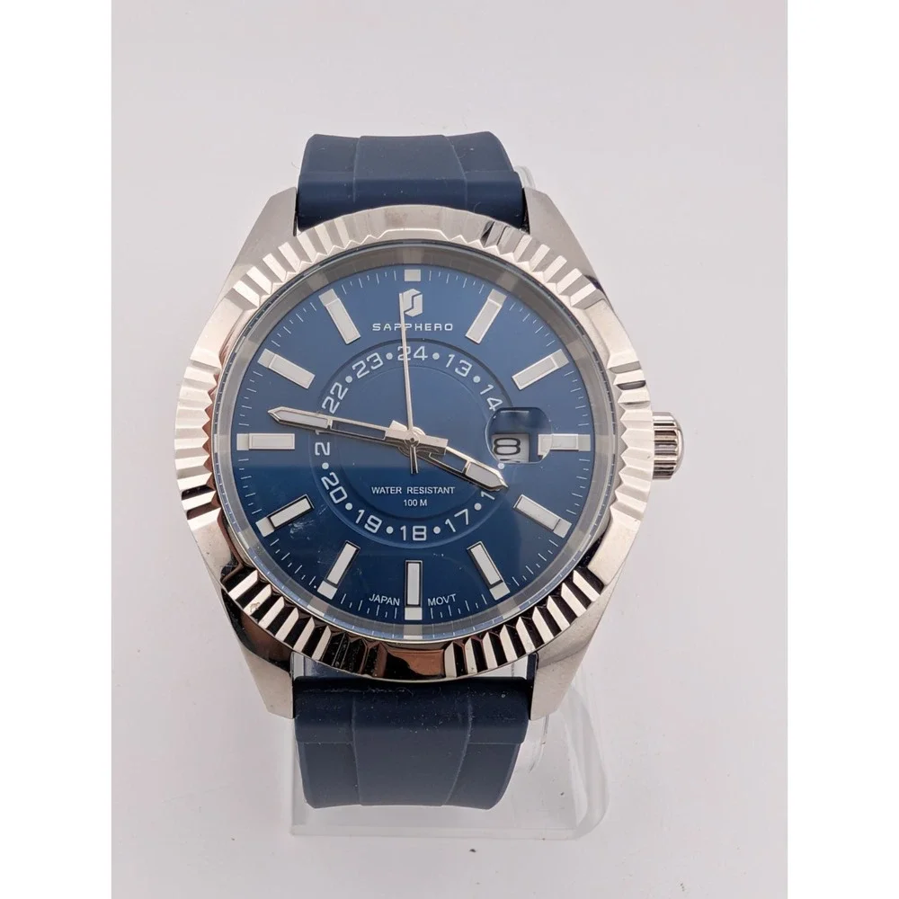 SAPPHERO Men's Quartz Watch 44mm Silver Case Blue Silicone Band- New Battery
